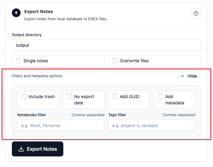 Advanced export filters and metadata options