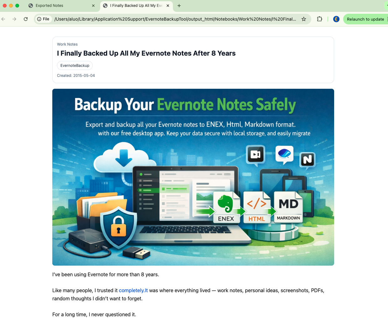 Exported note HTML detail page in browser