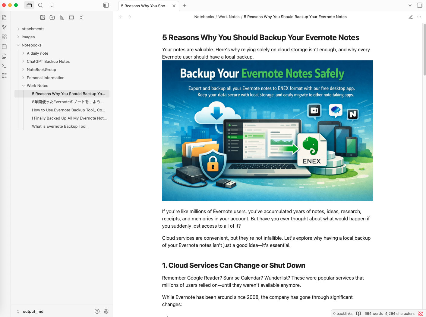 Viewing exported Markdown notes in Obsidian (outline and note detail)